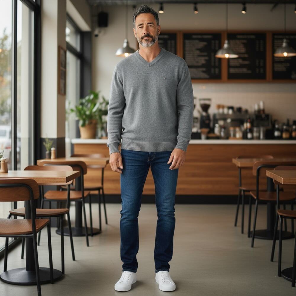 Tommy Hilfiger Men's Gray Cotton V-Neck Pullover Logo Knit Heavy Sweater Large